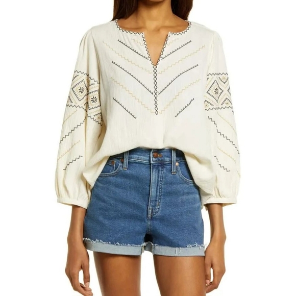 Madewell Peasant Embroidered V Neck Gauze Pullover Long Sleeve Top Ivory XS - Picture 10 of 10